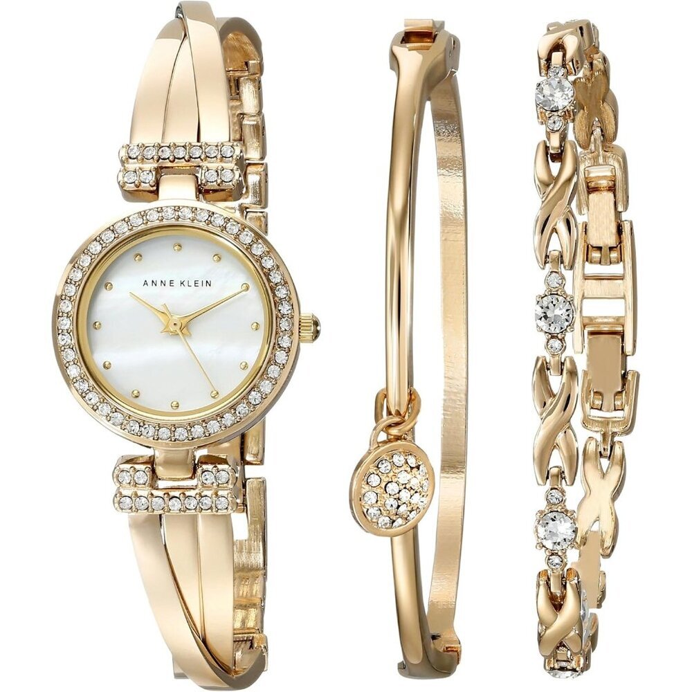 〽️Women's Premium Golden Crystal Accented Bangle Watch and Bracelet Jewelry Set